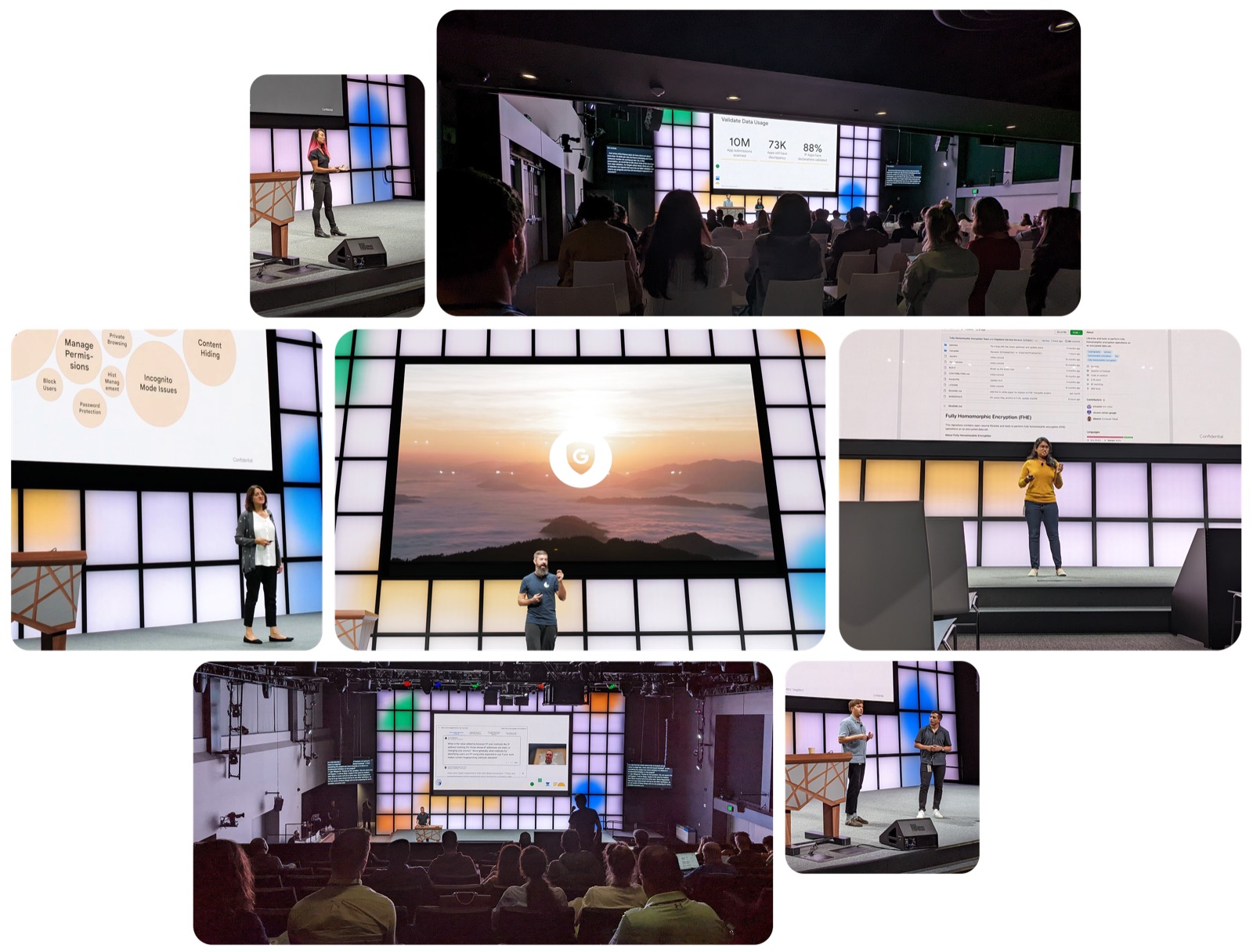 Collage of speakers presenting on stage throughout the summit